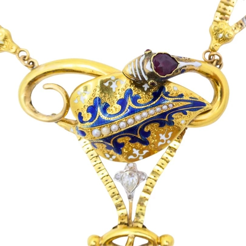 Victorian Gold Snake NECKLACE Diamond Ruby Enamel - 4