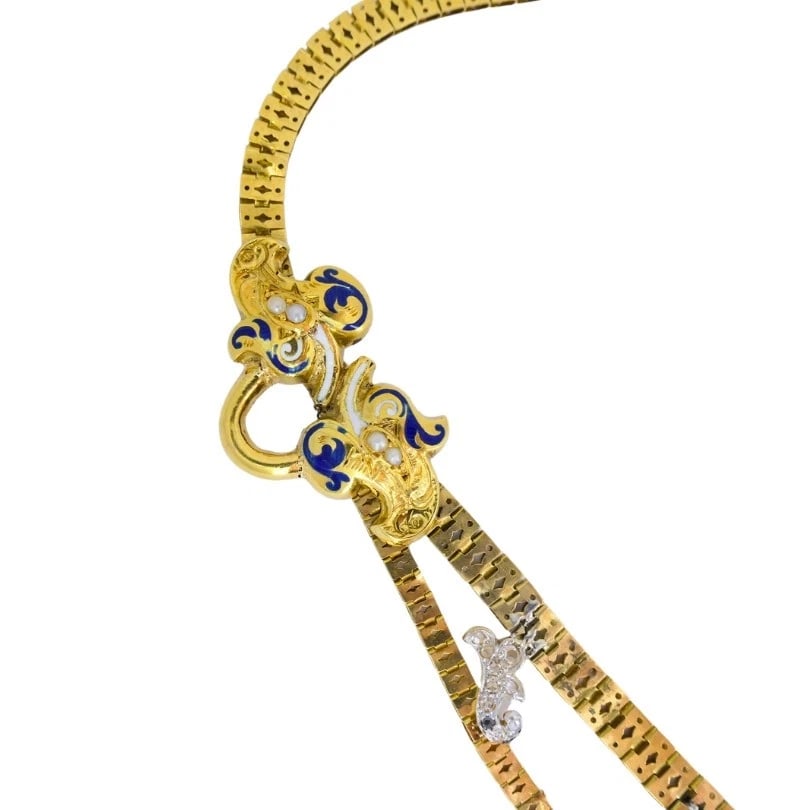 Victorian Gold Snake NECKLACE Diamond Ruby Enamel - 7