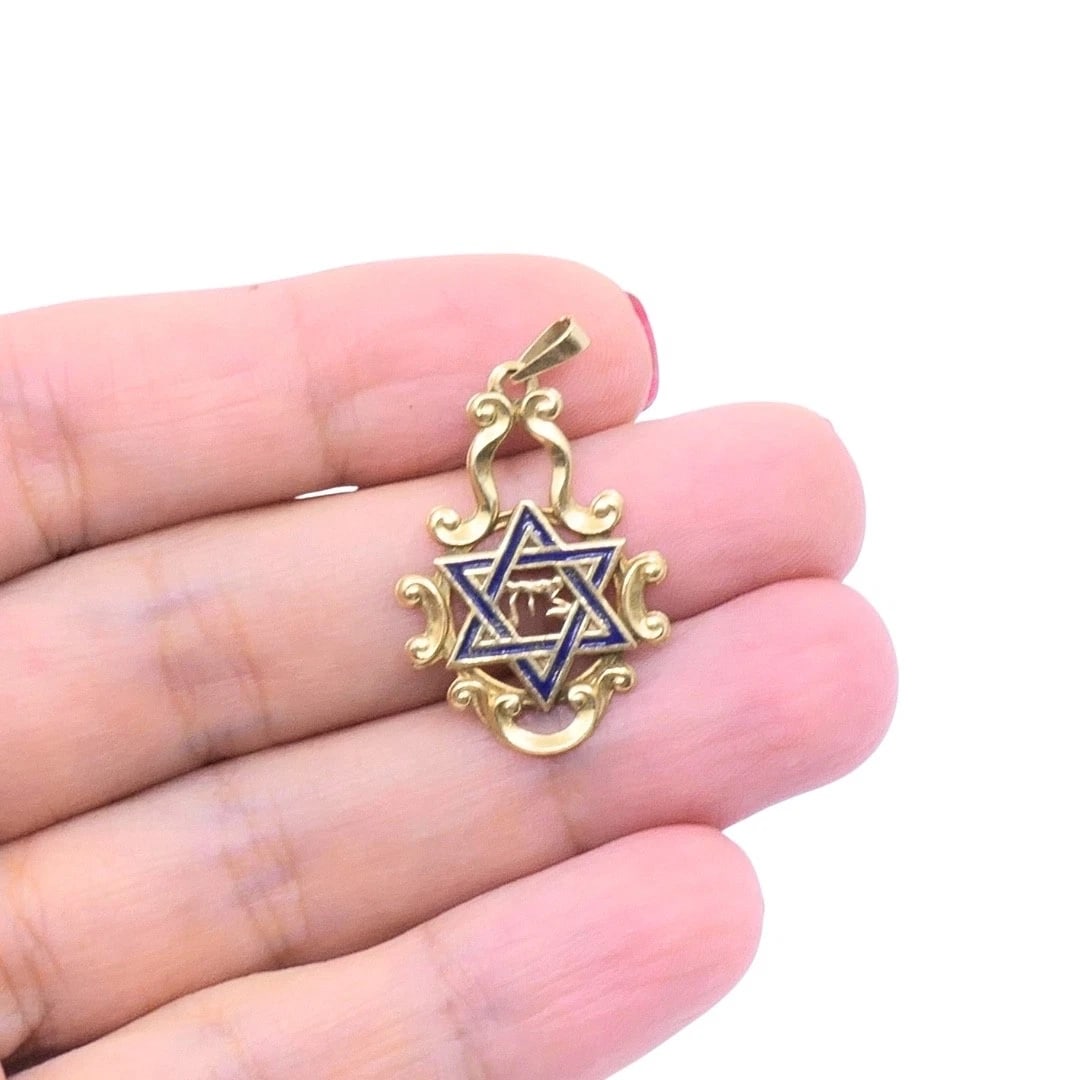 Vintage 14k Gold Blue Enamel Star of David Chai Pendant - 2