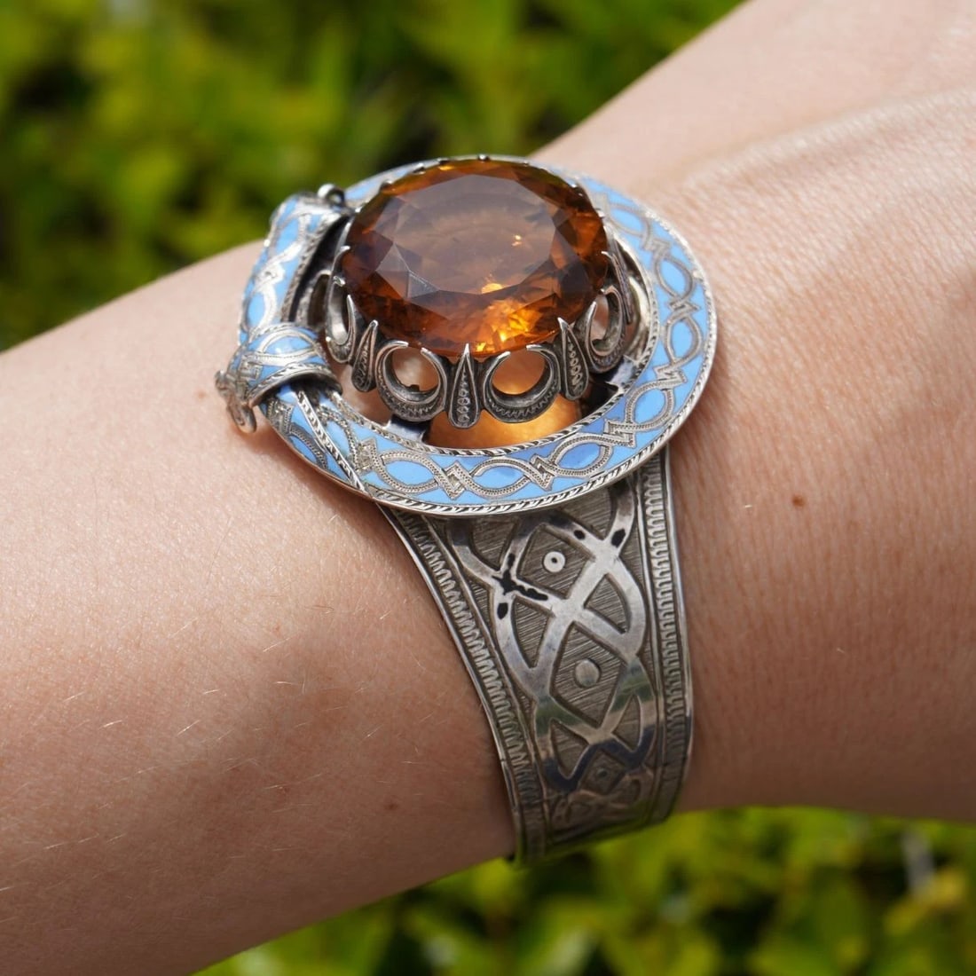 Antique Victorian Mackay Scottish Silver Blue Enamel Citrine Hinged Bracelet - 2