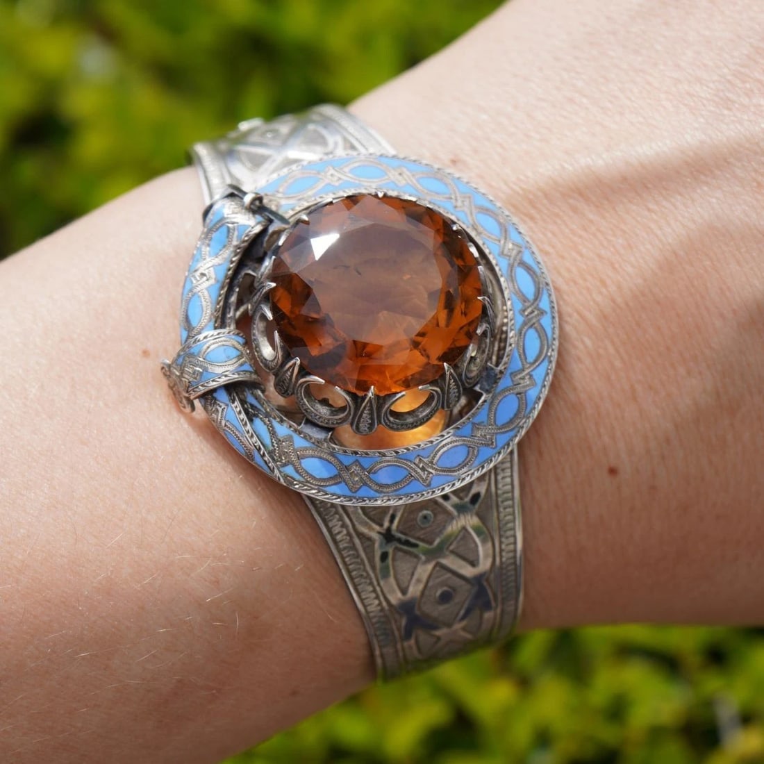 Antique Victorian Mackay Scottish Silver Blue Enamel Citrine Hinged Bracelet - 3