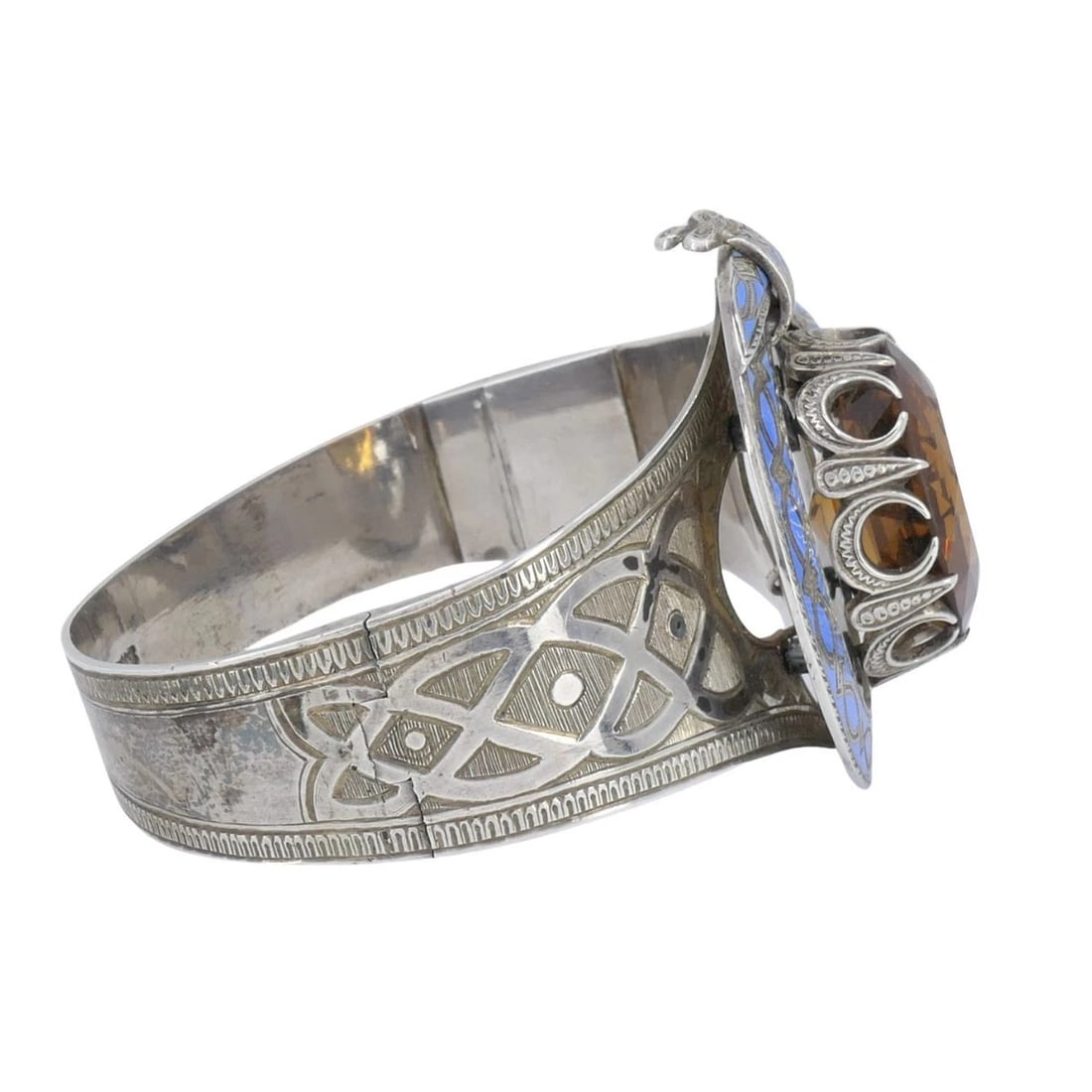 Antique Victorian Mackay Scottish Silver Blue Enamel Citrine Hinged Bracelet - 7