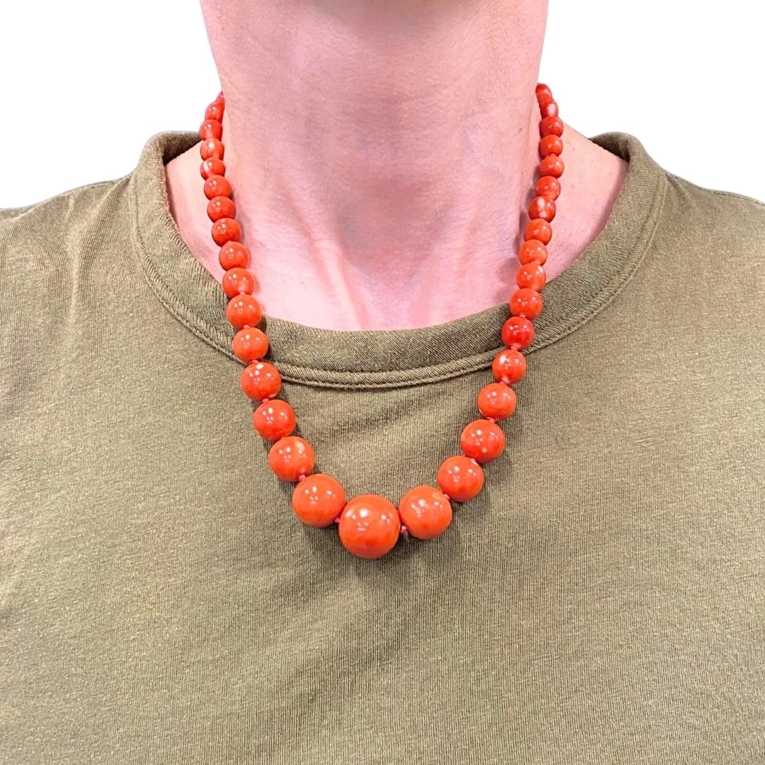 Vintage Graduated Red Coral Bead Necklace 14k Gold Diamond Rose Clasp - 2