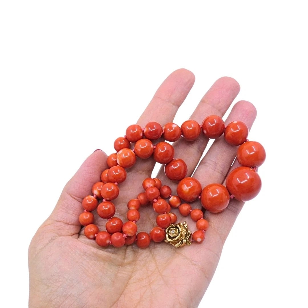 Vintage Graduated Red Coral Bead Necklace 14k Gold Diamond Rose Clasp - 3