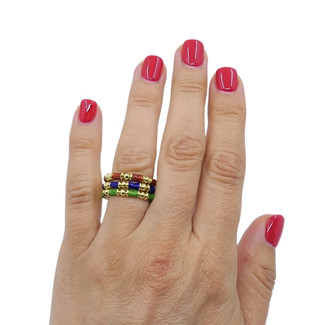Tiffany & Co. Enamel Bamboo Stacking Rings 18k Yellow Gold Blue Green & Red - 2