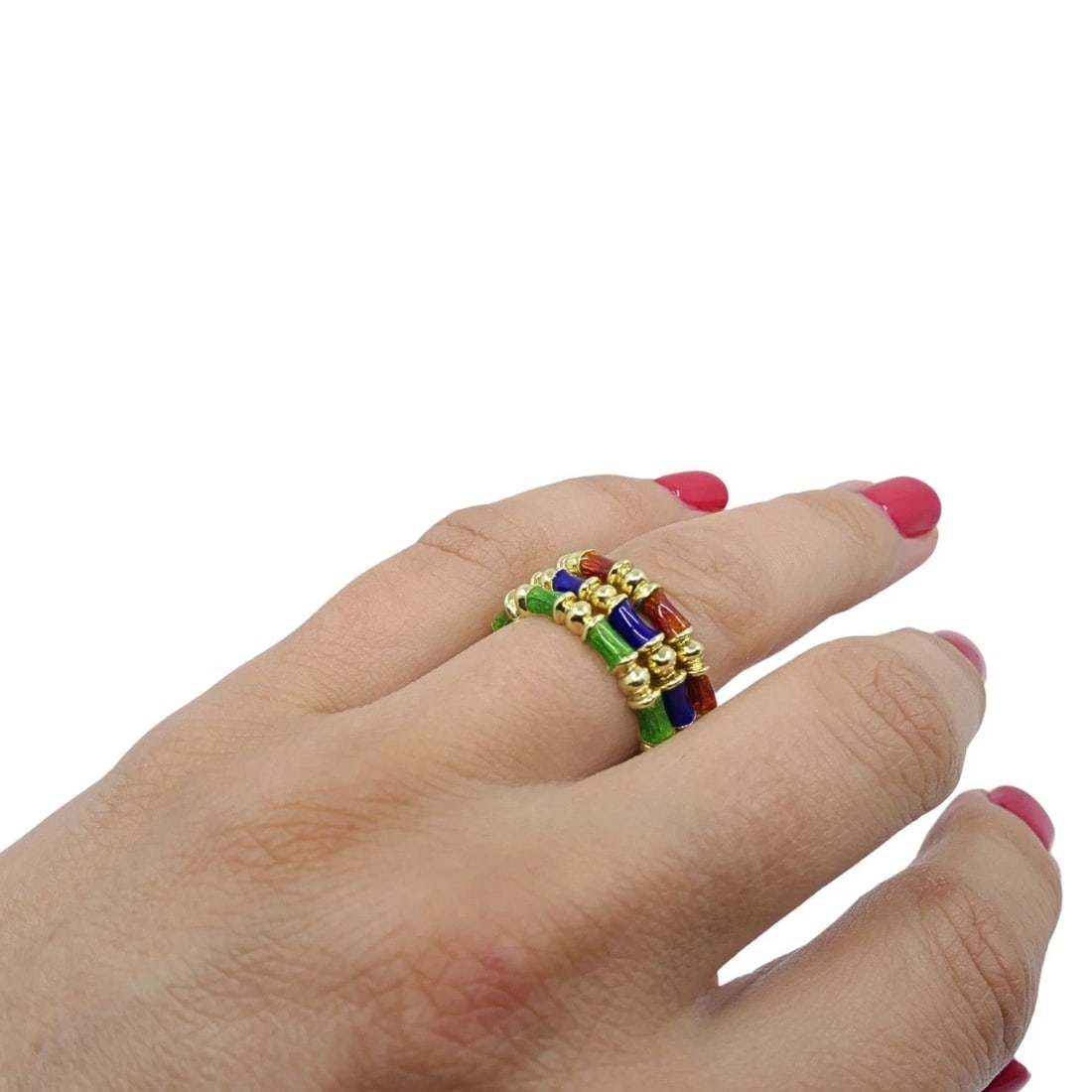 Tiffany & Co. Enamel Bamboo Stacking Rings 18k Yellow Gold Blue Green & Red - 3