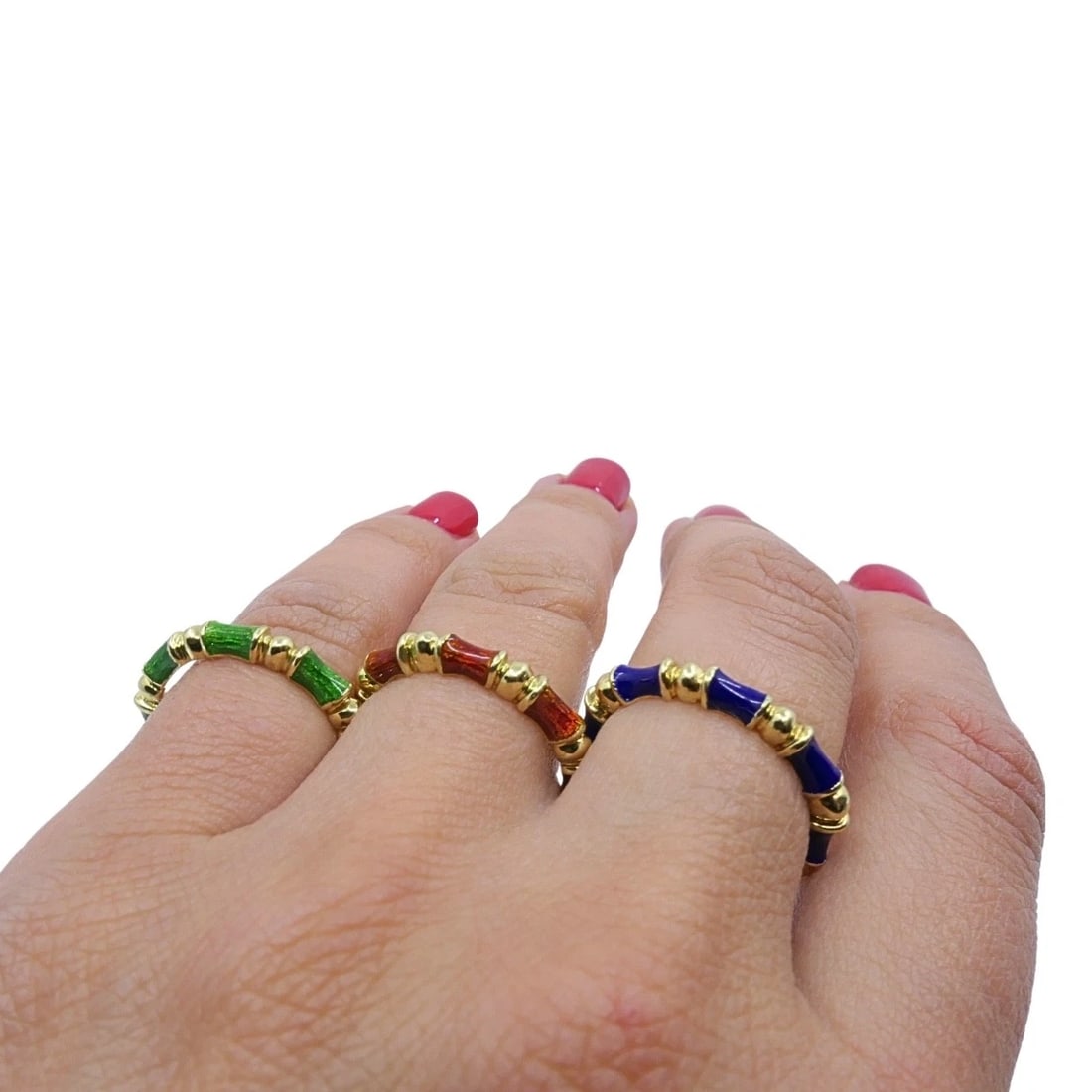 Tiffany & Co. Enamel Bamboo Stacking Rings 18k Yellow Gold Blue Green & Red - 4