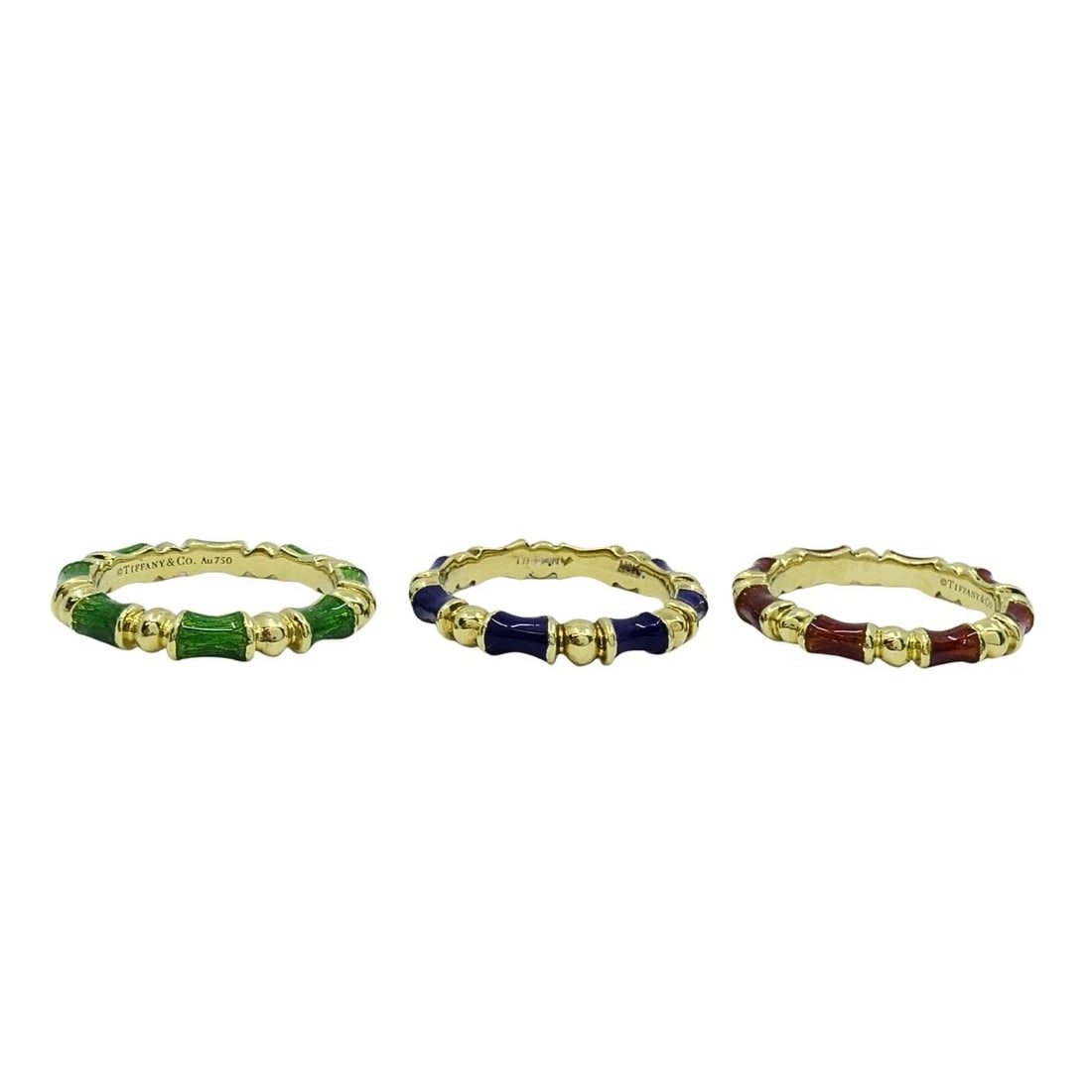 Tiffany & Co. Enamel Bamboo Stacking Rings 18k Yellow Gold Blue Green & Red - 7