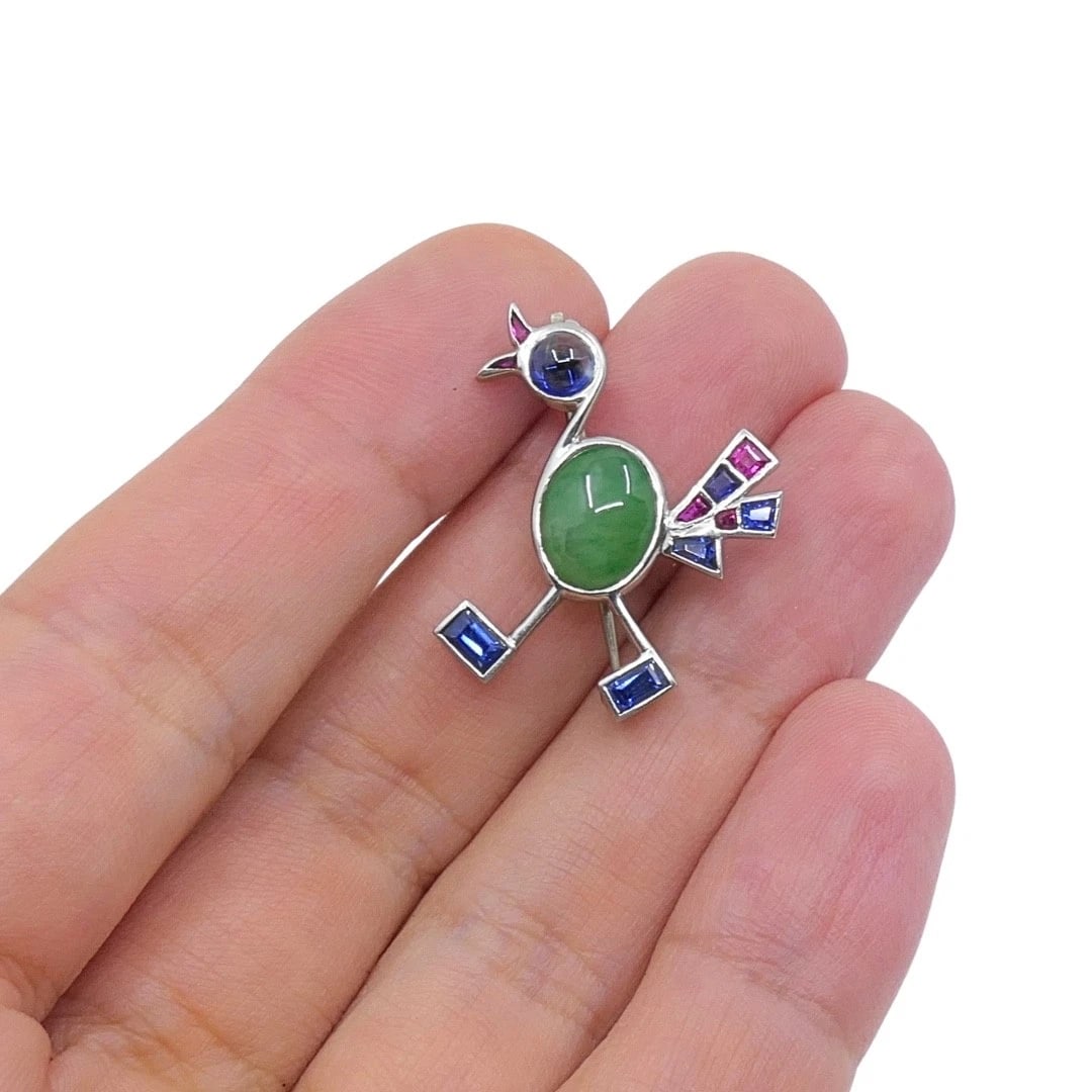 Vintage Modernist 14k White Gold Multigemstone Bird Brooch - 2