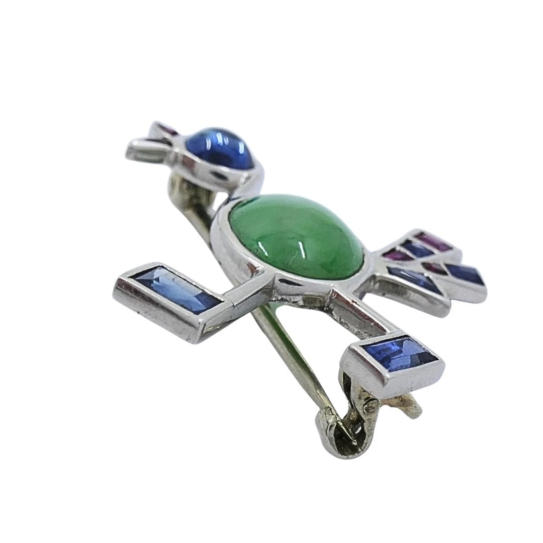 Vintage Modernist 14k White Gold Multigemstone Bird Brooch - 5