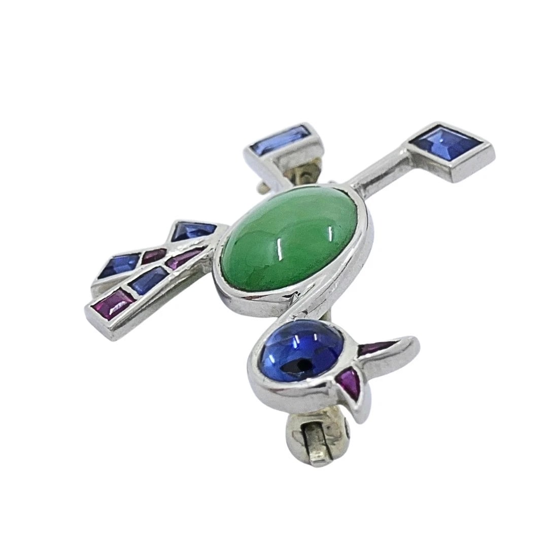 Vintage Modernist 14k White Gold Multigemstone Bird Brooch - 6