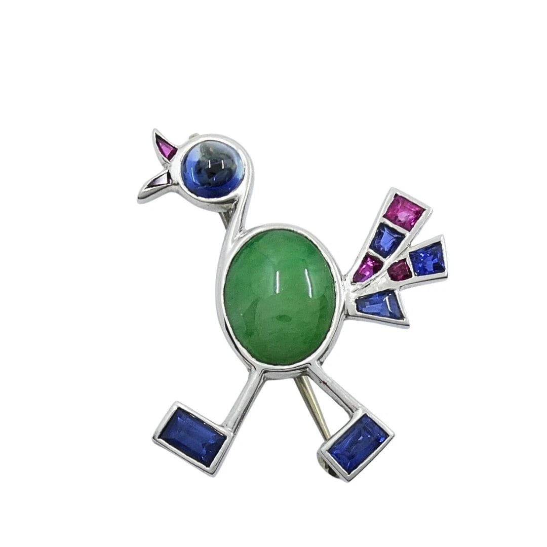 Vintage Modernist 14k White Gold Multigemstone Bird Brooch - 7