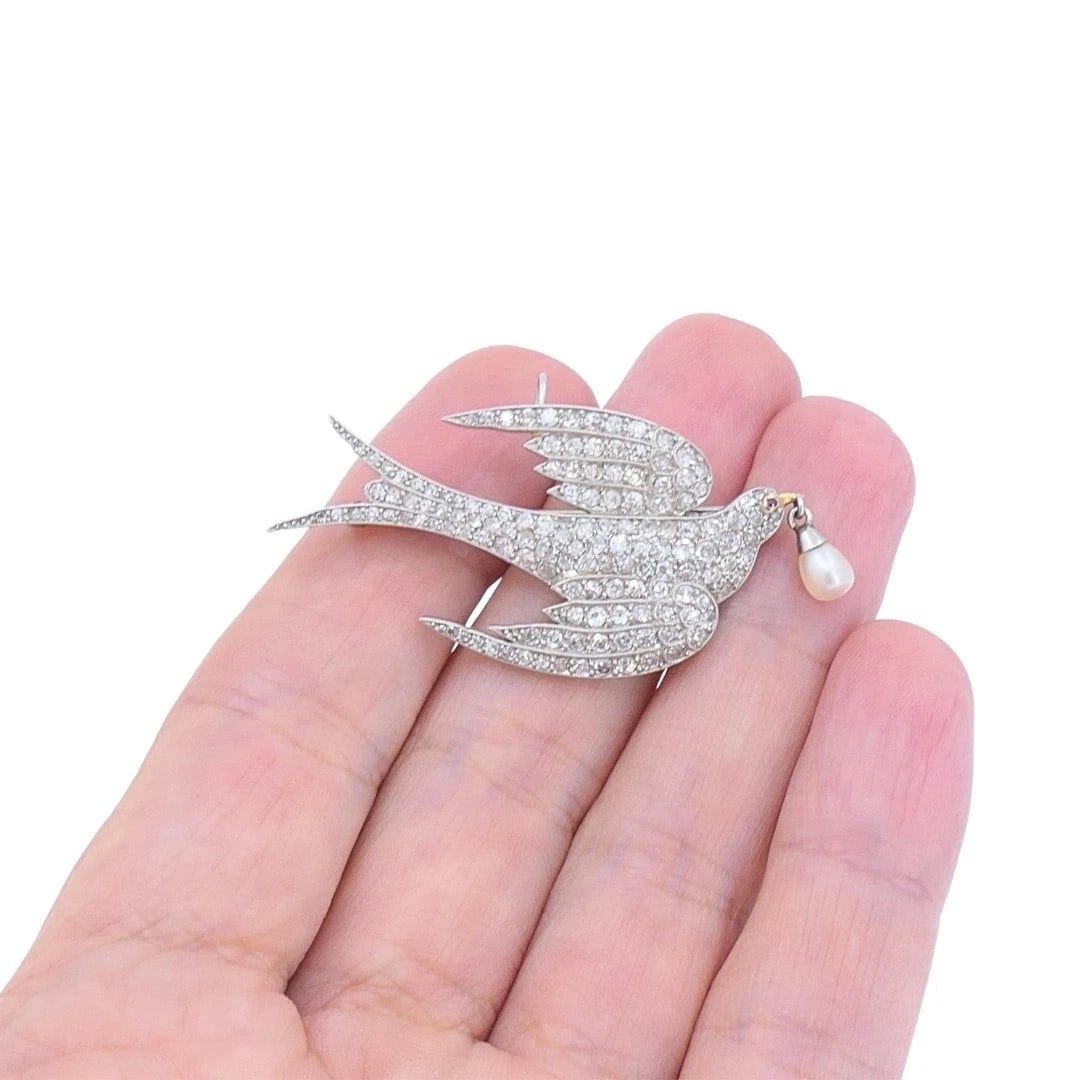 Platinum Diamond Dove Brooch Pendant with Pearl Drop - 2