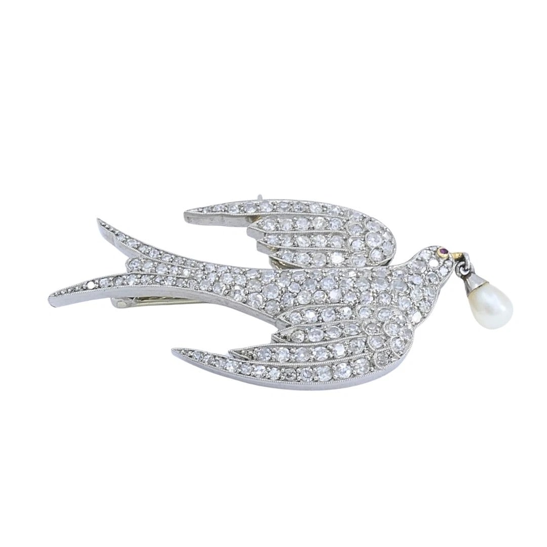 Platinum Diamond Dove Brooch Pendant with Pearl Drop - 3