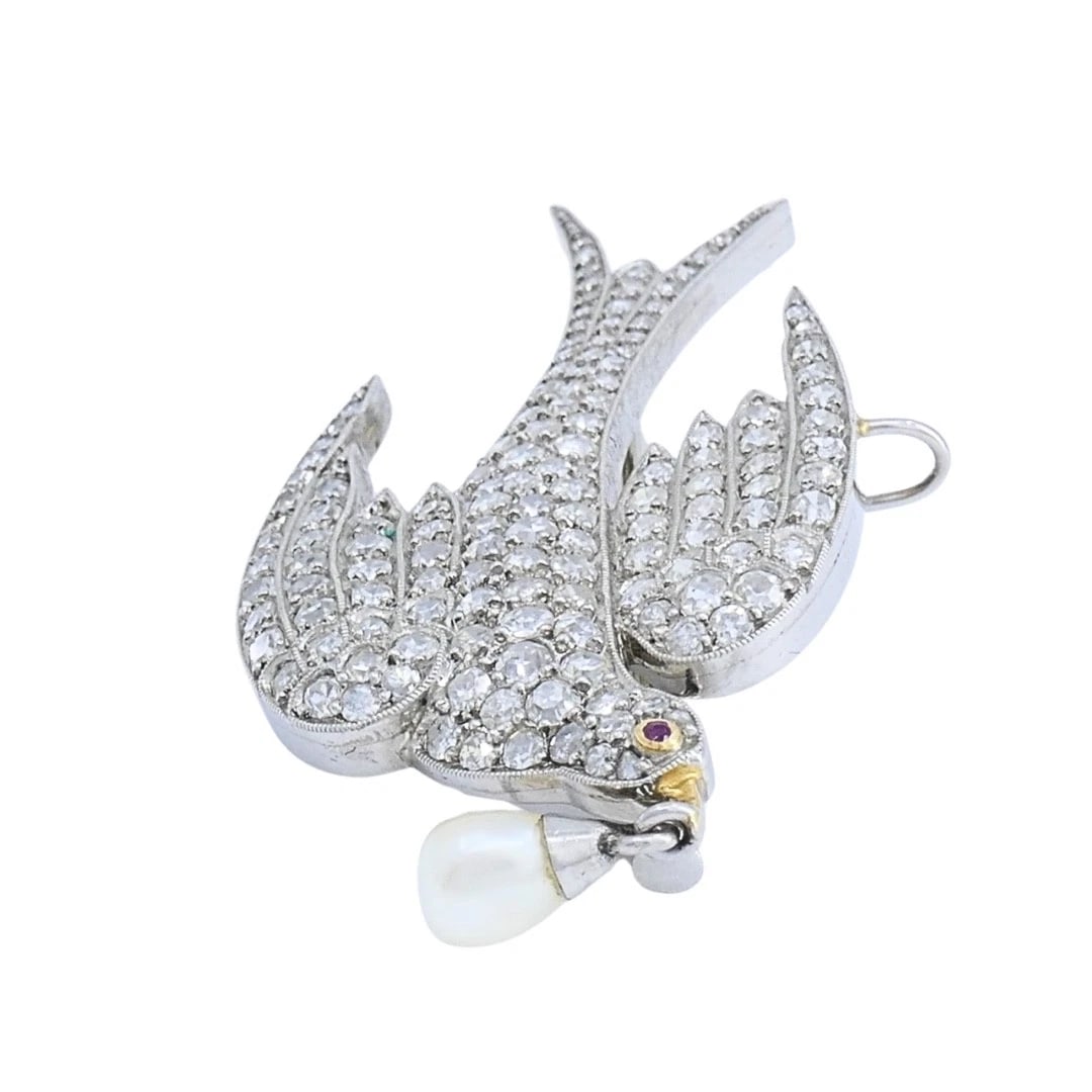 Platinum Diamond Dove Brooch Pendant with Pearl Drop - 4