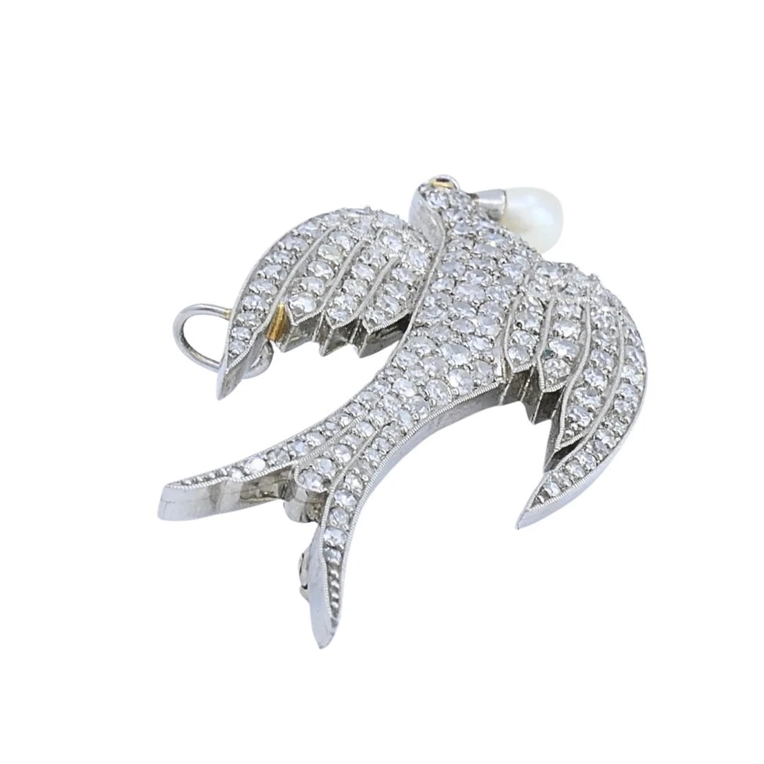 Platinum Diamond Dove Brooch Pendant with Pearl Drop - 7