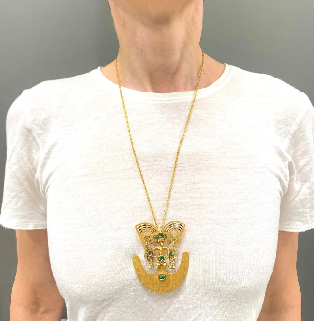 Vintage Pre‑Columbian Revival 18k Gold Emerald Tairona Style Pendant‑Brooch - 2