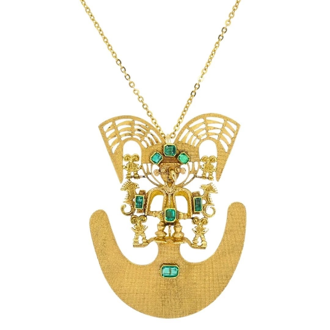 Vintage Pre‑Columbian Revival 18k Gold Emerald Tairona Style Pendant‑Brooch - 3