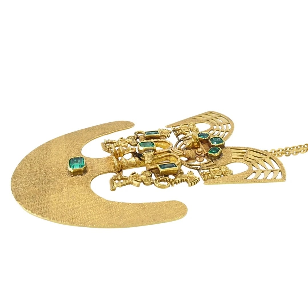 Vintage Pre‑Columbian Revival 18k Gold Emerald Tairona Style Pendant‑Brooch - 4
