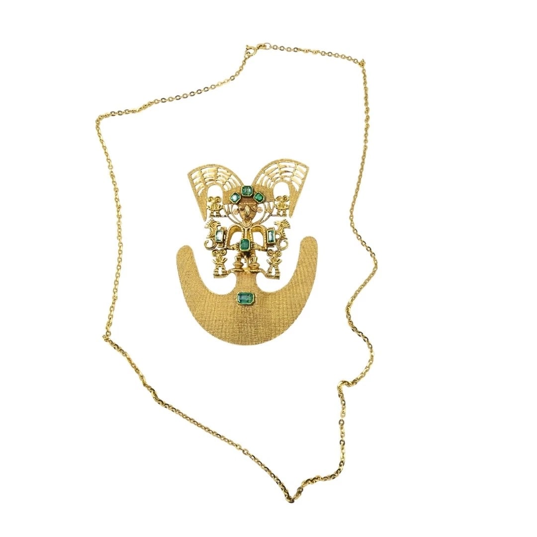Vintage Pre‑Columbian Revival 18k Gold Emerald Tairona Style Pendant‑Brooch - 7