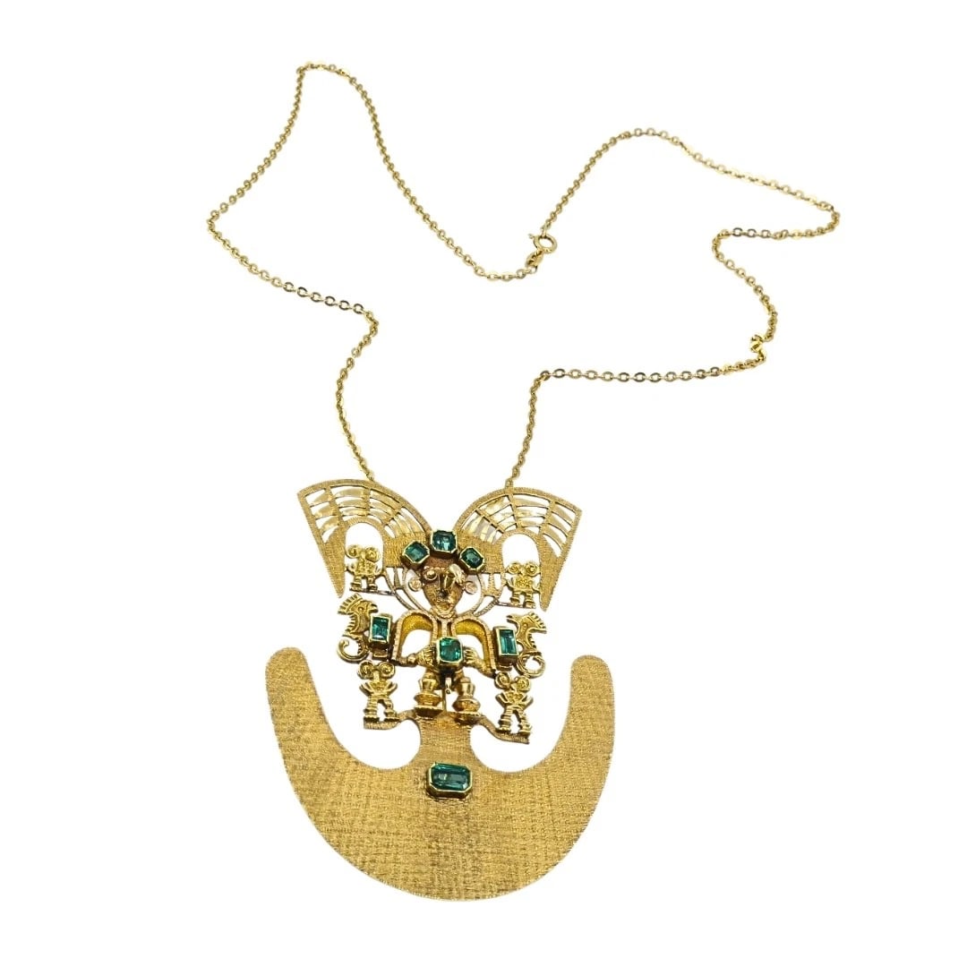 Vintage Pre‑Columbian Revival 18k Gold Emerald Tairona Style Pendant‑Brooch - 9