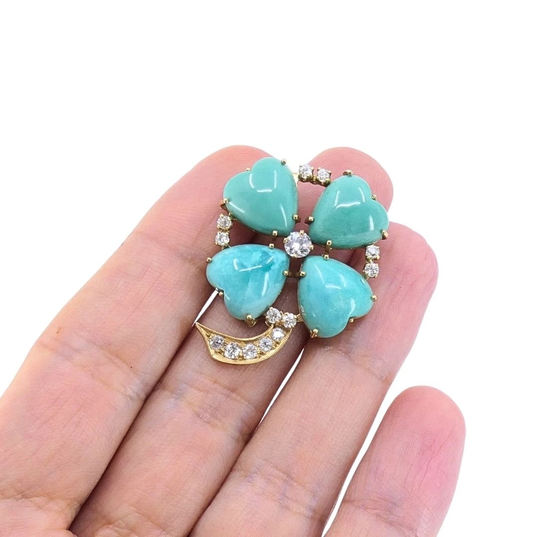 Vintage 14k Gold Turquoise Heart Clover Pendant with Diamonds - 2