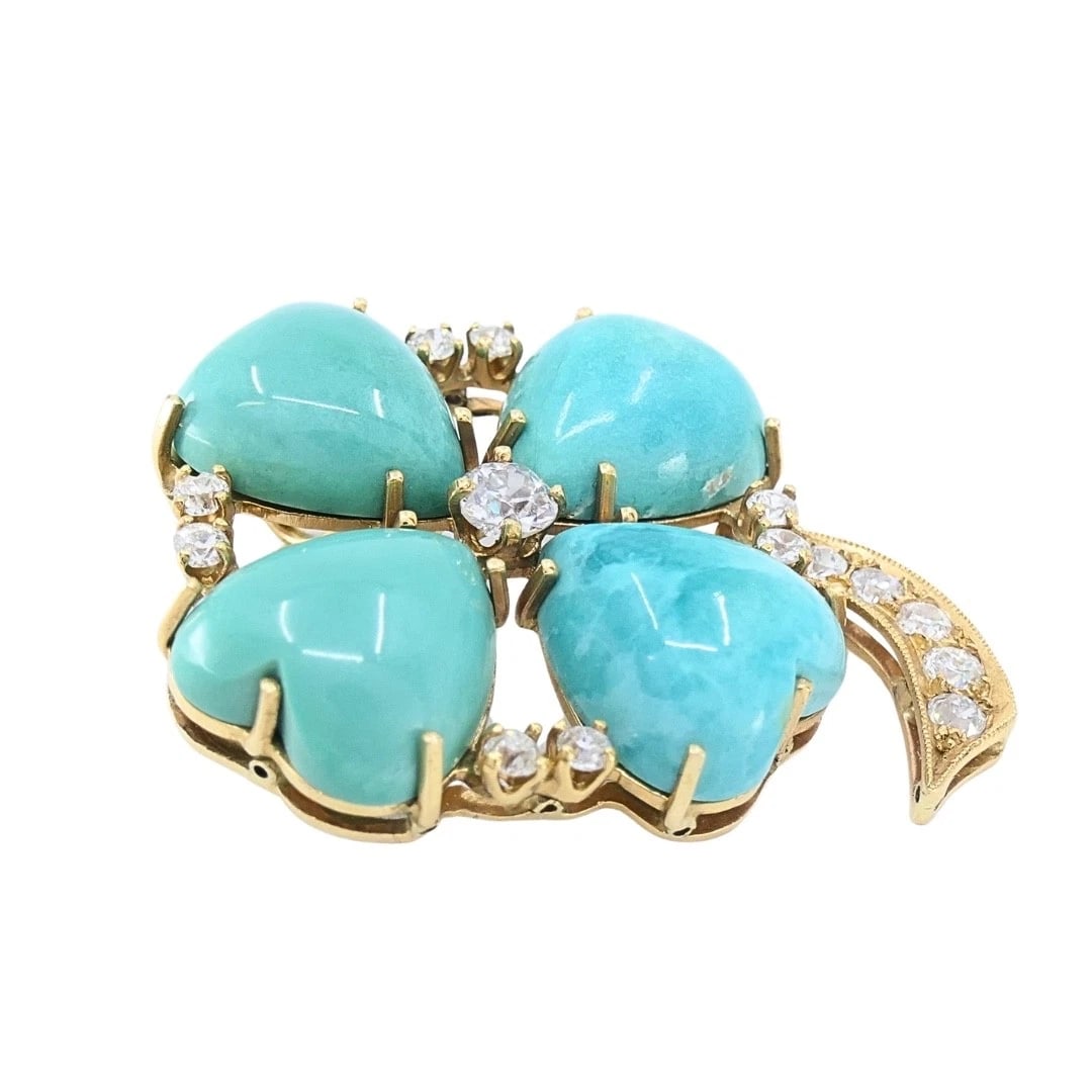 Vintage 14k Gold Turquoise Heart Clover Pendant with Diamonds - 3