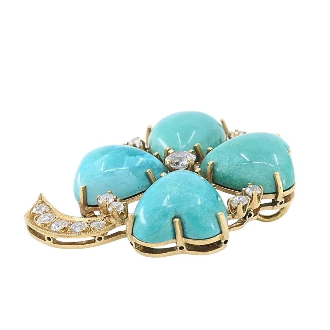Vintage 14k Gold Turquoise Heart Clover Pendant with Diamonds - 4