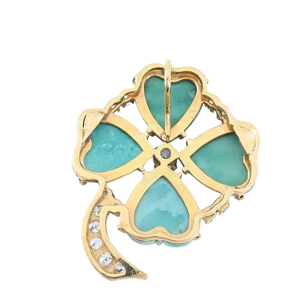 Vintage 14k Gold Turquoise Heart Clover Pendant with Diamonds - 7
