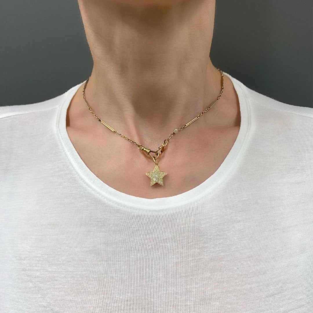 14k Gold Diamond Pavé Star Pendant on Antique Bar‑Link Chain - 2