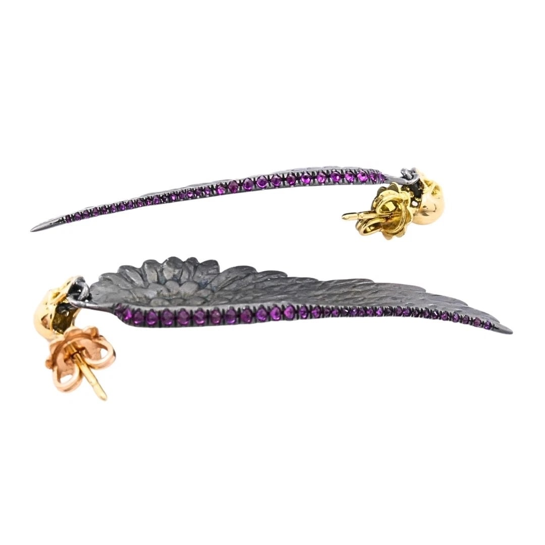 Theodoros 18k Gold & Sterling Silver Ruby Wing Skull Earrings - 6