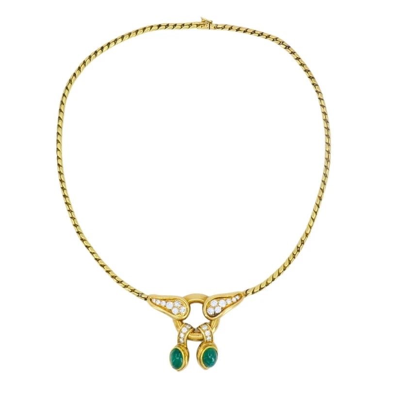 Vintage Rene Boivin 18k Gold NECKLACE Diamond Cabochon Emerald Estate Jewelry - 2
