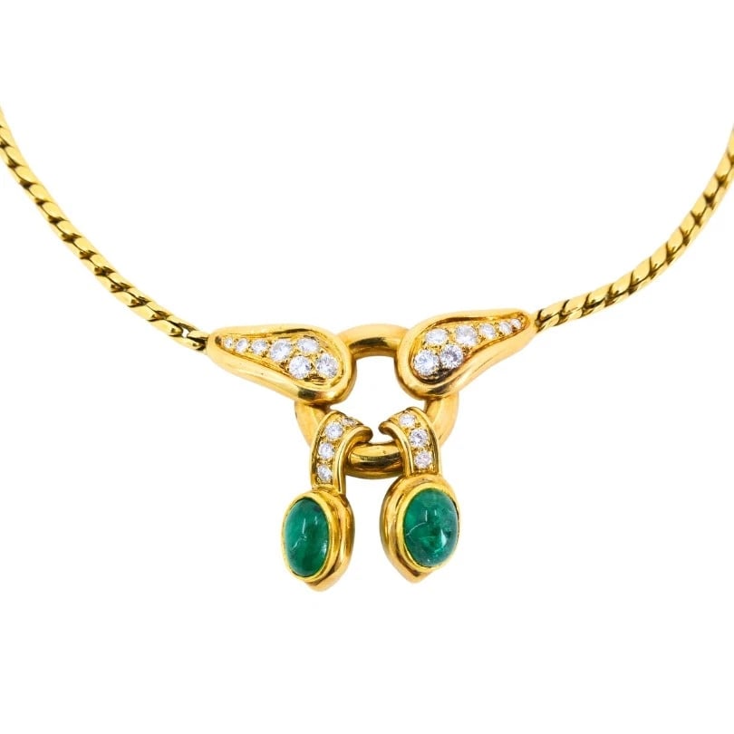 Vintage Rene Boivin 18k Gold NECKLACE Diamond Cabochon Emerald Estate Jewelry - 3