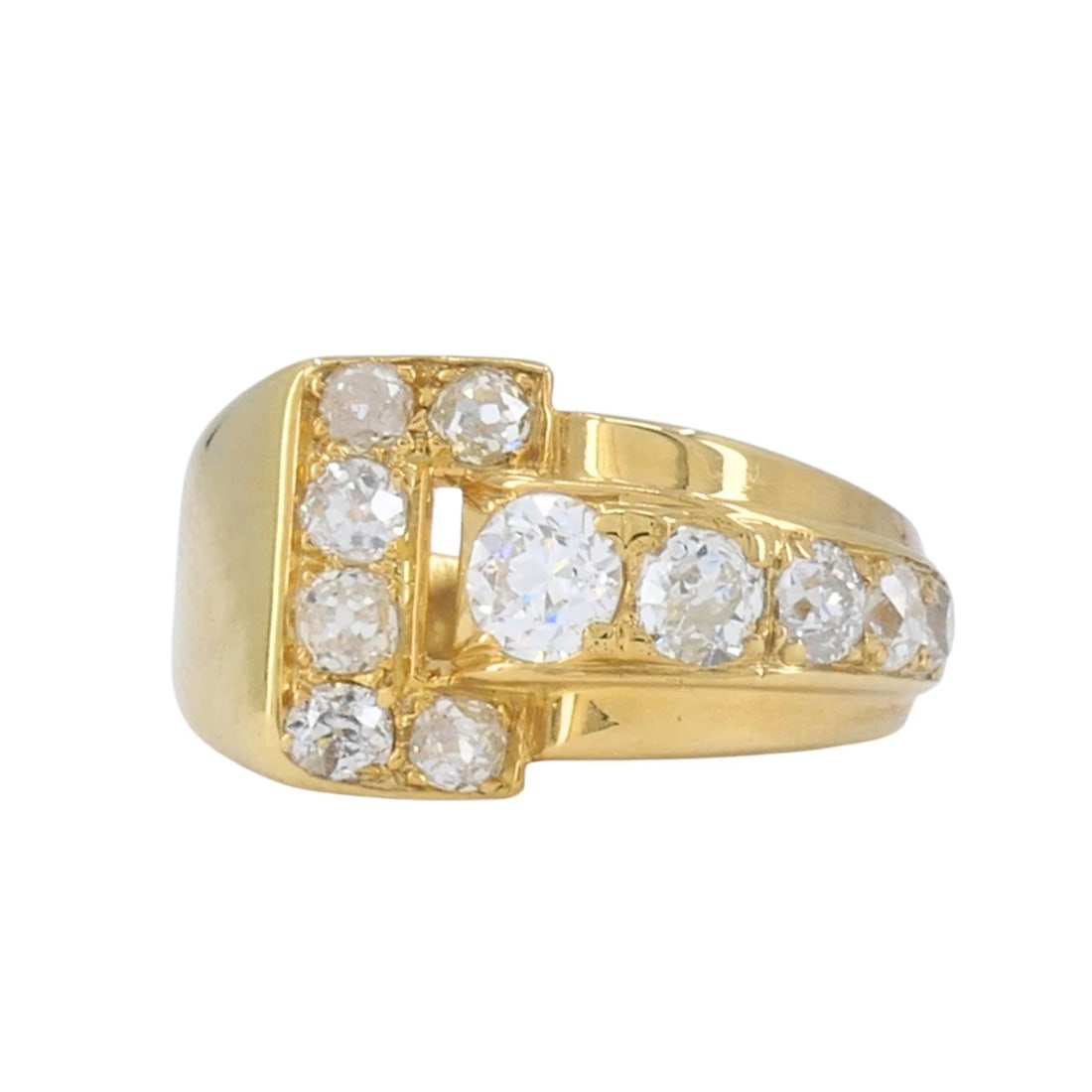 Vintage GRANAT 18k Yellow Gold Diamond Buckle Ring, 1950s: KL ATOO This vintage 18k yellow gold diamond buckle ring by Granat Bros. reflects mid 20th century American jewelry design, dating to the 1940s to 1950s. Crafted in solid 18k gold and stamped “1