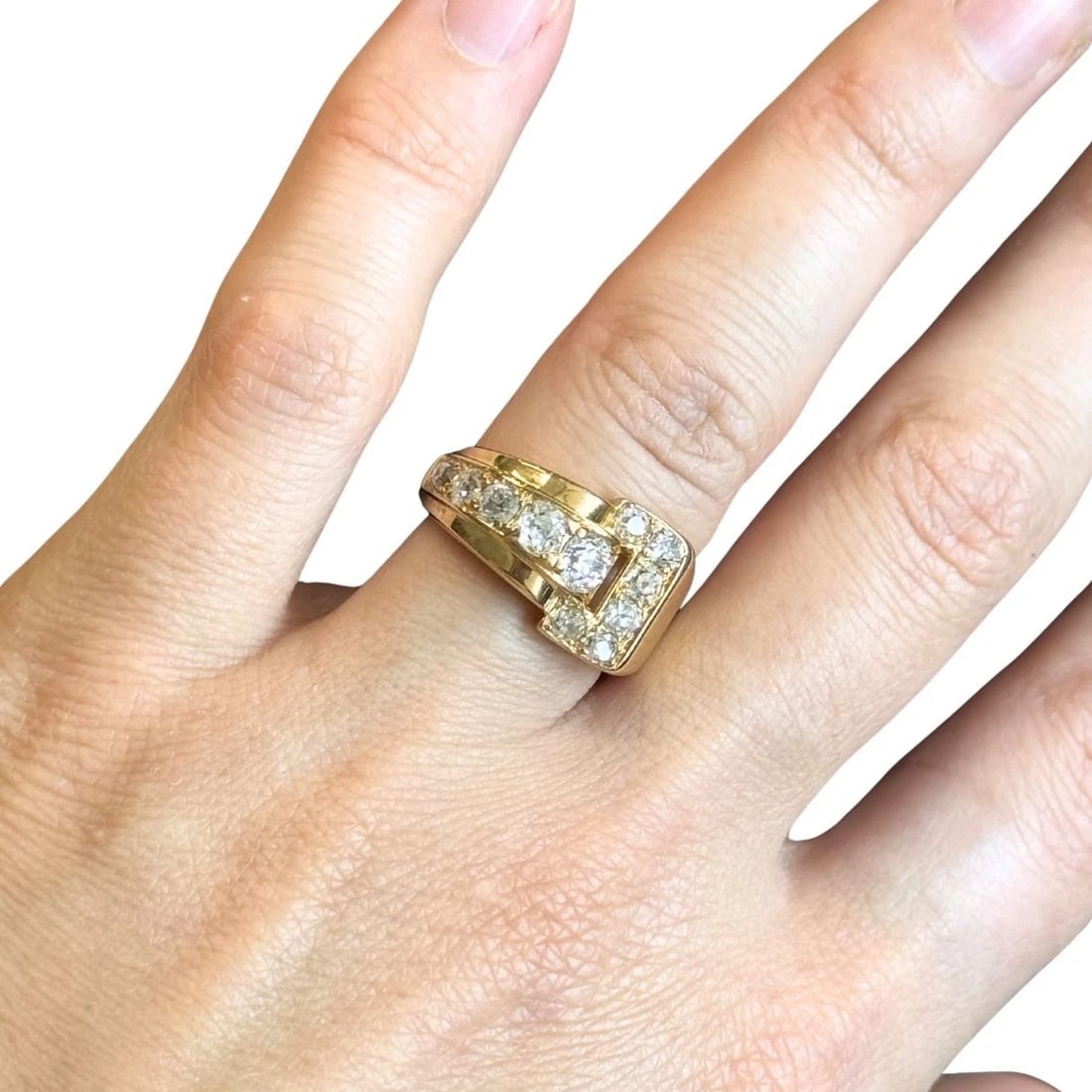 Vintage GRANAT 18k Yellow Gold Diamond Buckle Ring, 1950s - 2