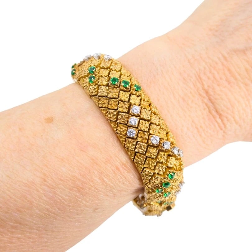 French 18k Gold Platinum Emerald Diamond BRACELET Signed GR Vintage Jewelry - 2