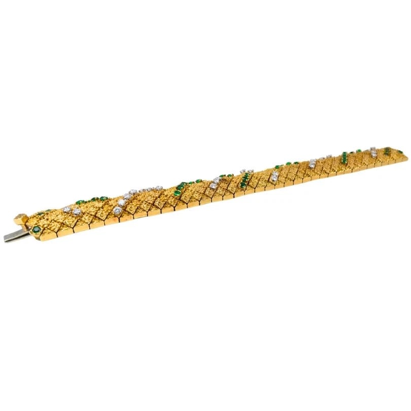 French 18k Gold Platinum Emerald Diamond BRACELET Signed GR Vintage Jewelry - 7
