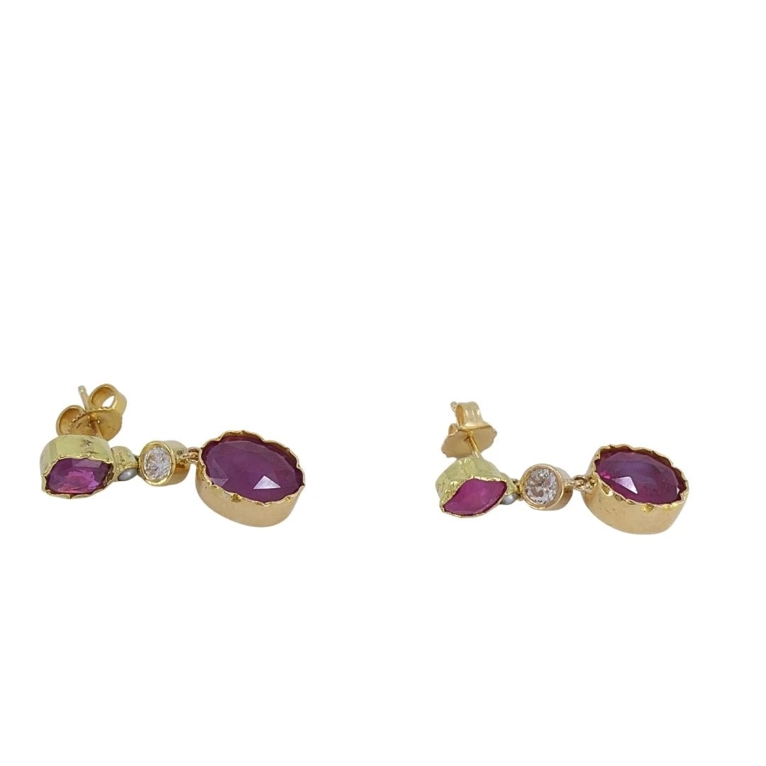 14k Gold Ruby Drop Earrings Diamond Accent - 3