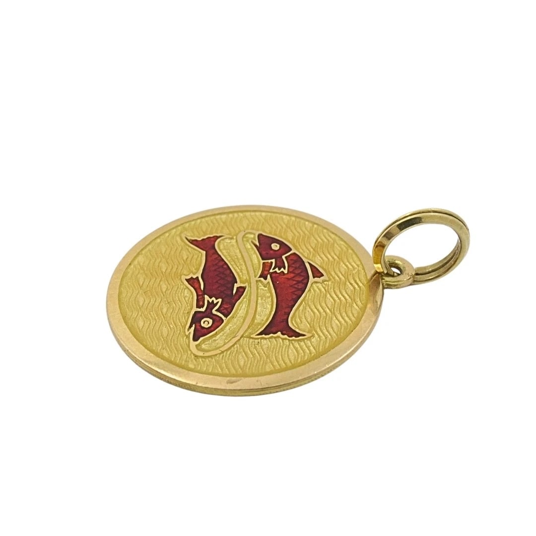 Vintage 18k Gold Red Enamel Pisces Zodiac Medallion Pendant Necklace - 7