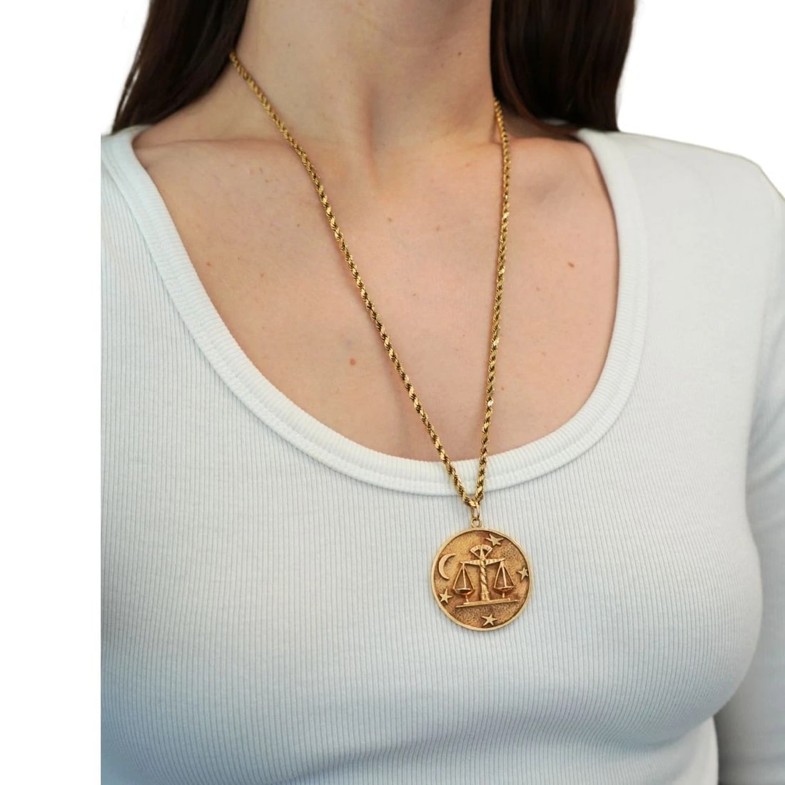 Vintage Libra 14k Gold Pendant Rope Chain Necklace - 2