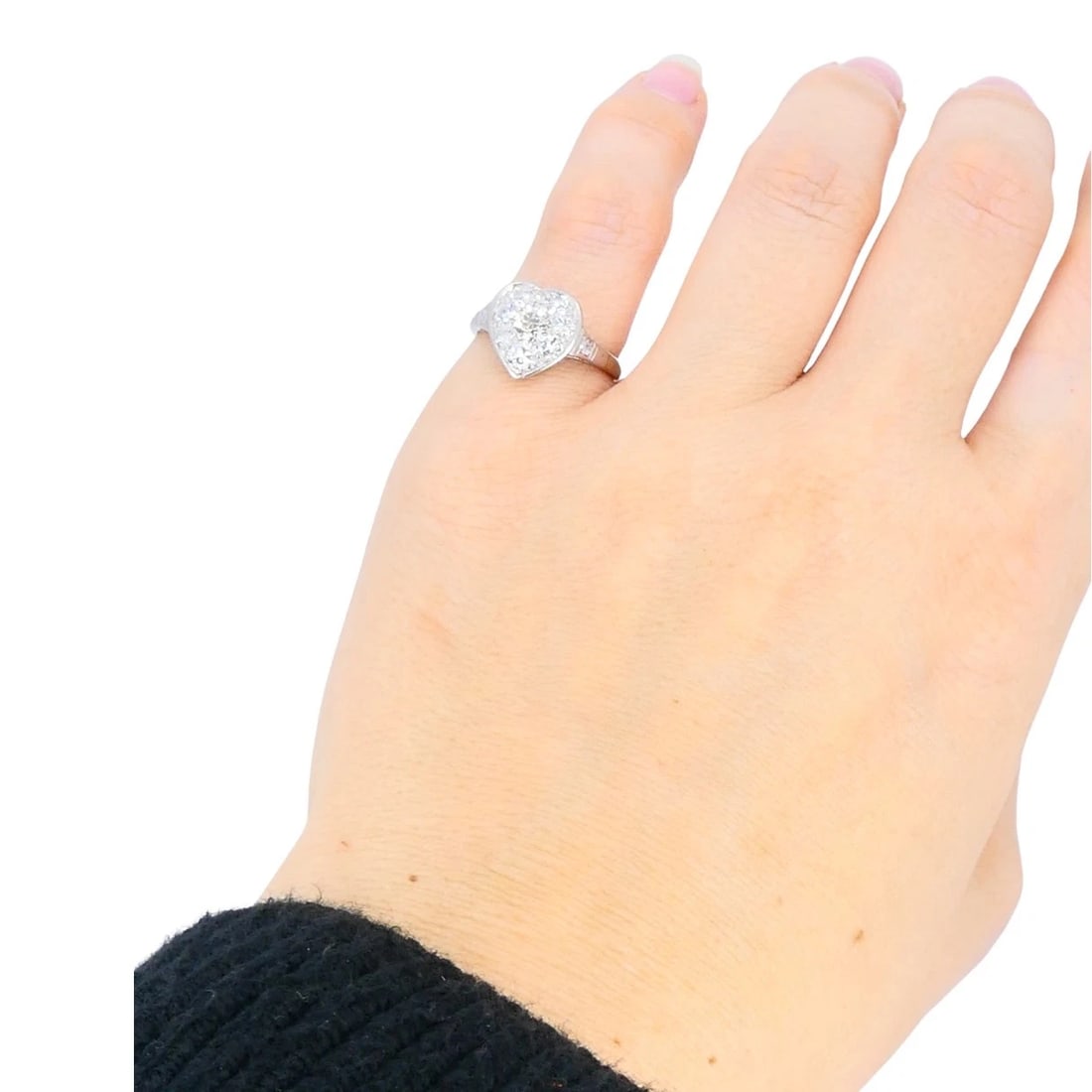 Vintage Art Deco Diamond Heart Cluster Ring 10k Gold Platinum - 2