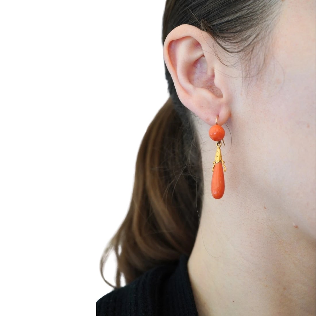 Victorian French 18k Yellow Gold Coral Drop Earrings - 2