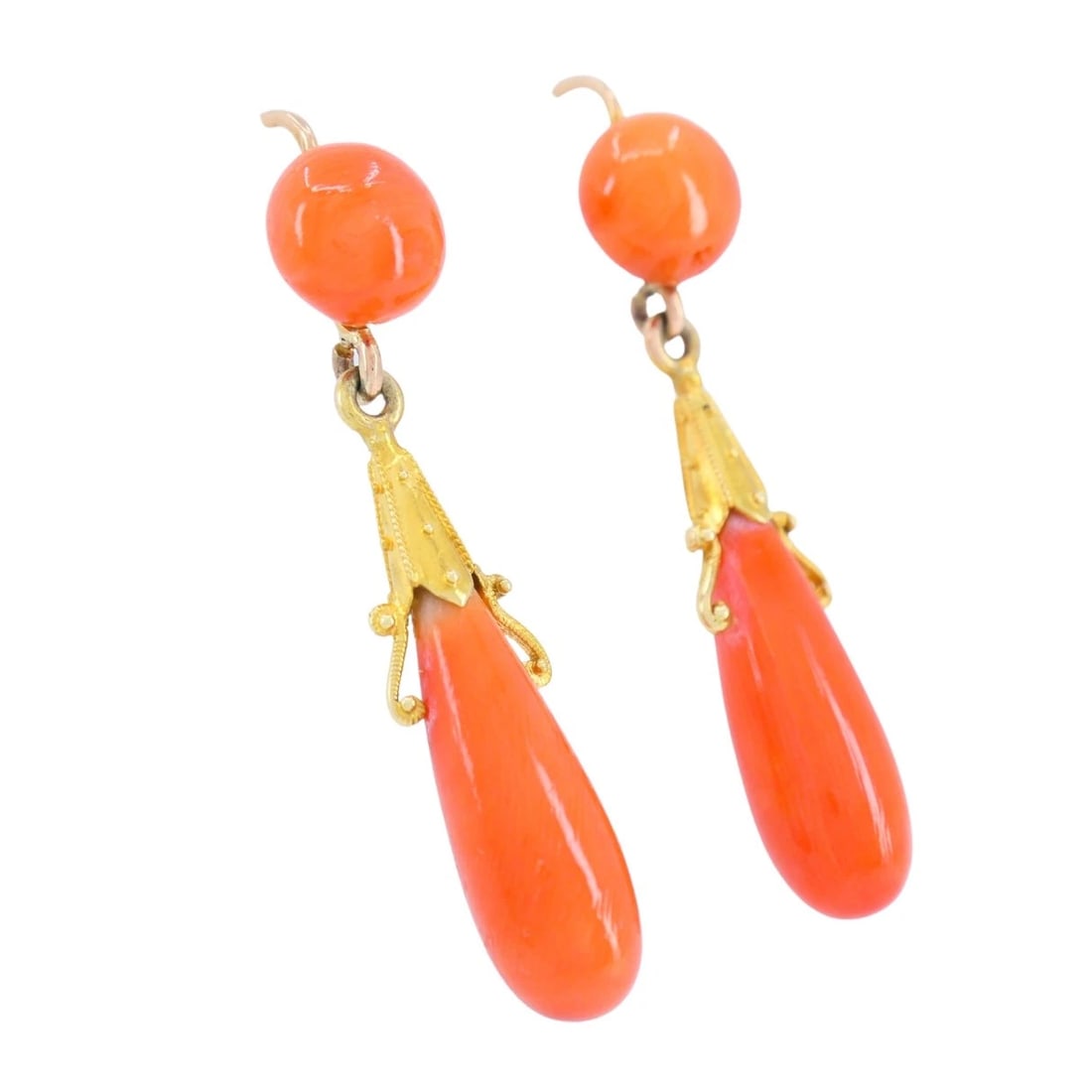 Victorian French 18k Yellow Gold Coral Drop Earrings - 3