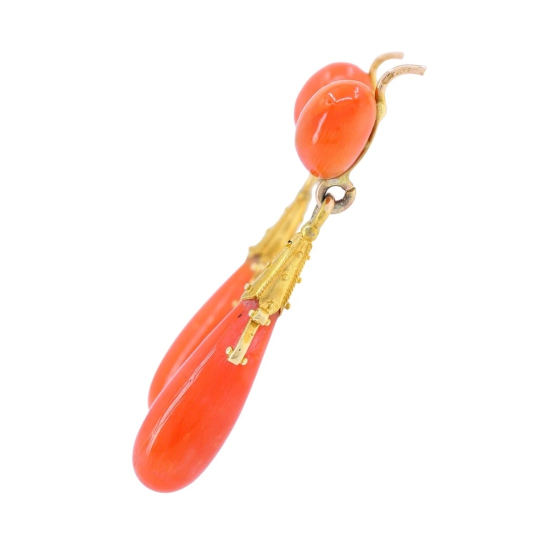 Victorian French 18k Yellow Gold Coral Drop Earrings - 4