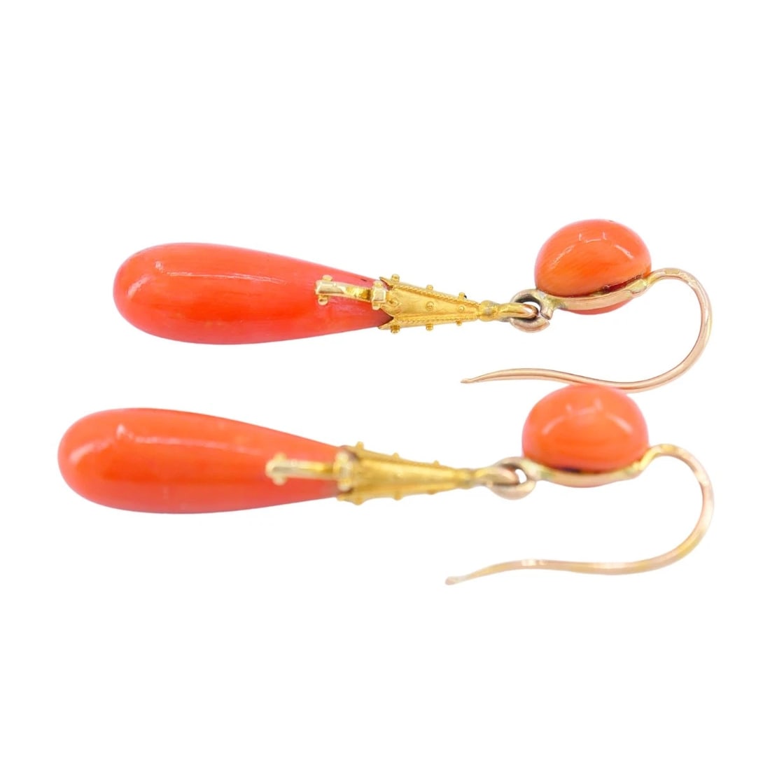 Victorian French 18k Yellow Gold Coral Drop Earrings - 6