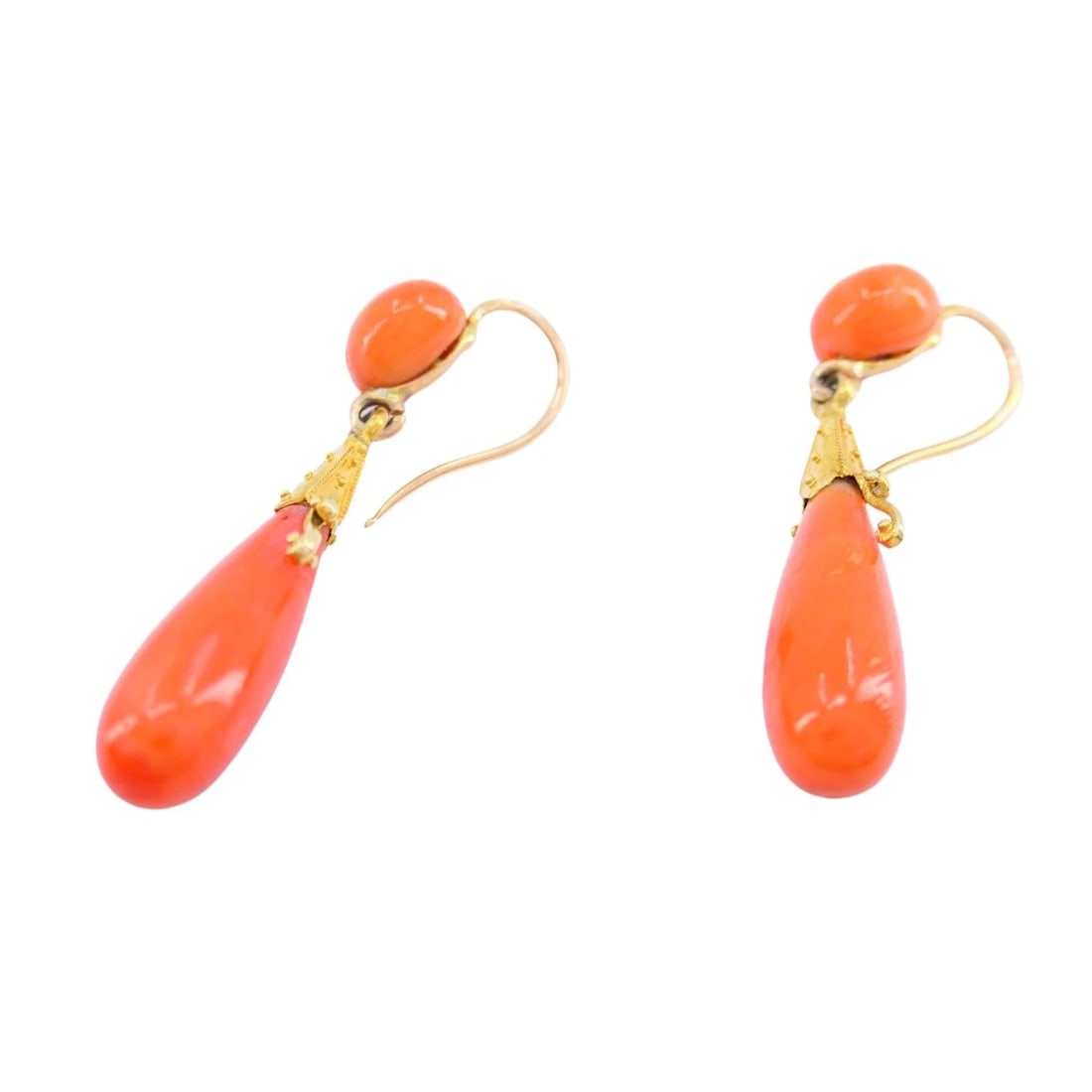 Victorian French 18k Yellow Gold Coral Drop Earrings - 7