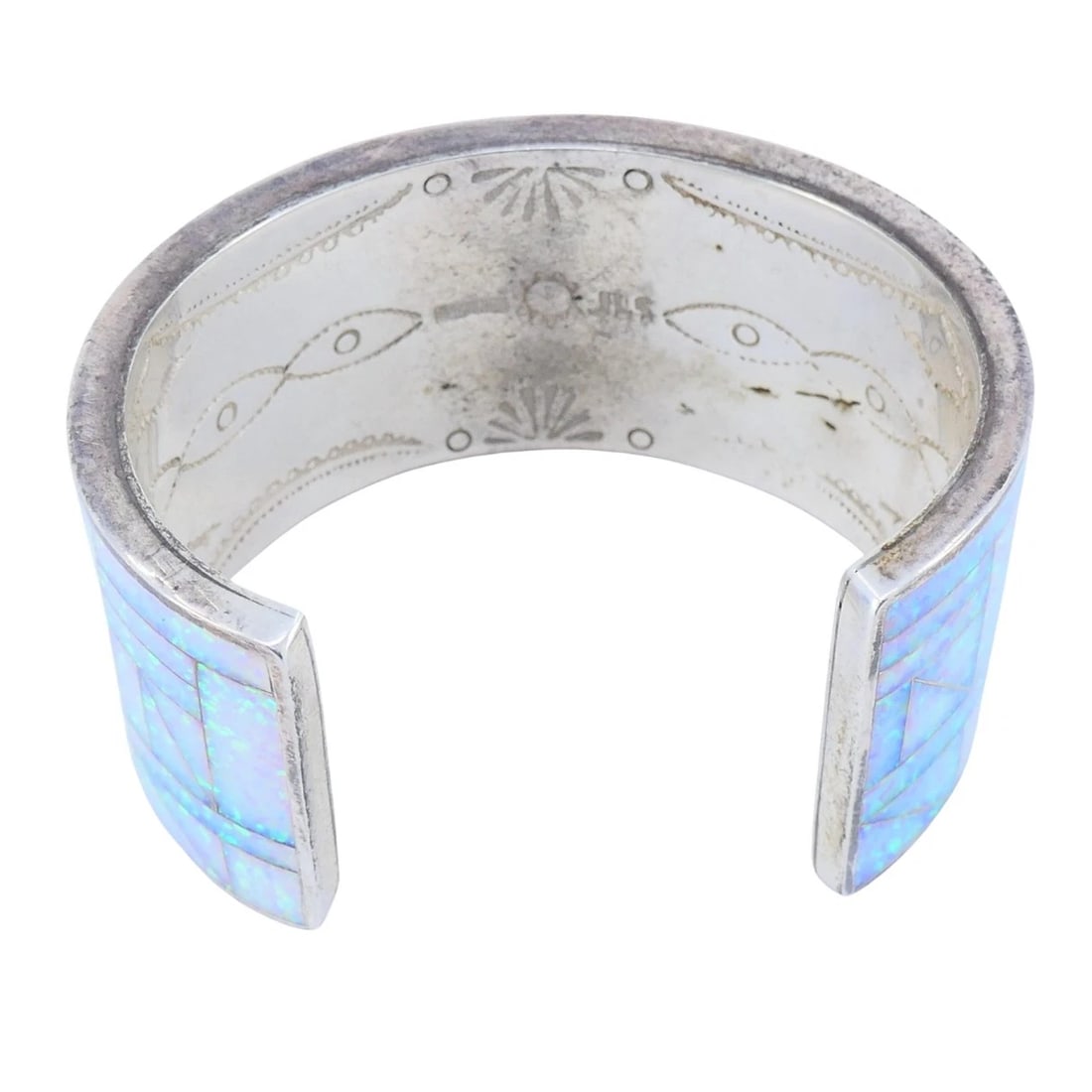 Vintage Sterling Silver Opal Inlay Cuff Bracelet, Signed JLS - 7