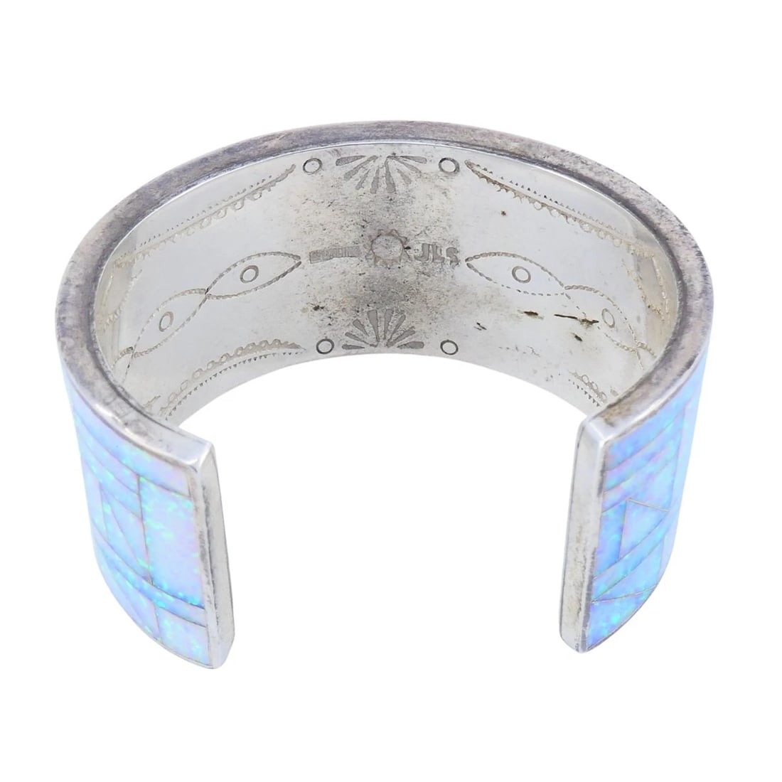 Vintage Sterling Silver Opal Inlay Cuff Bracelet, Signed JLS - 8