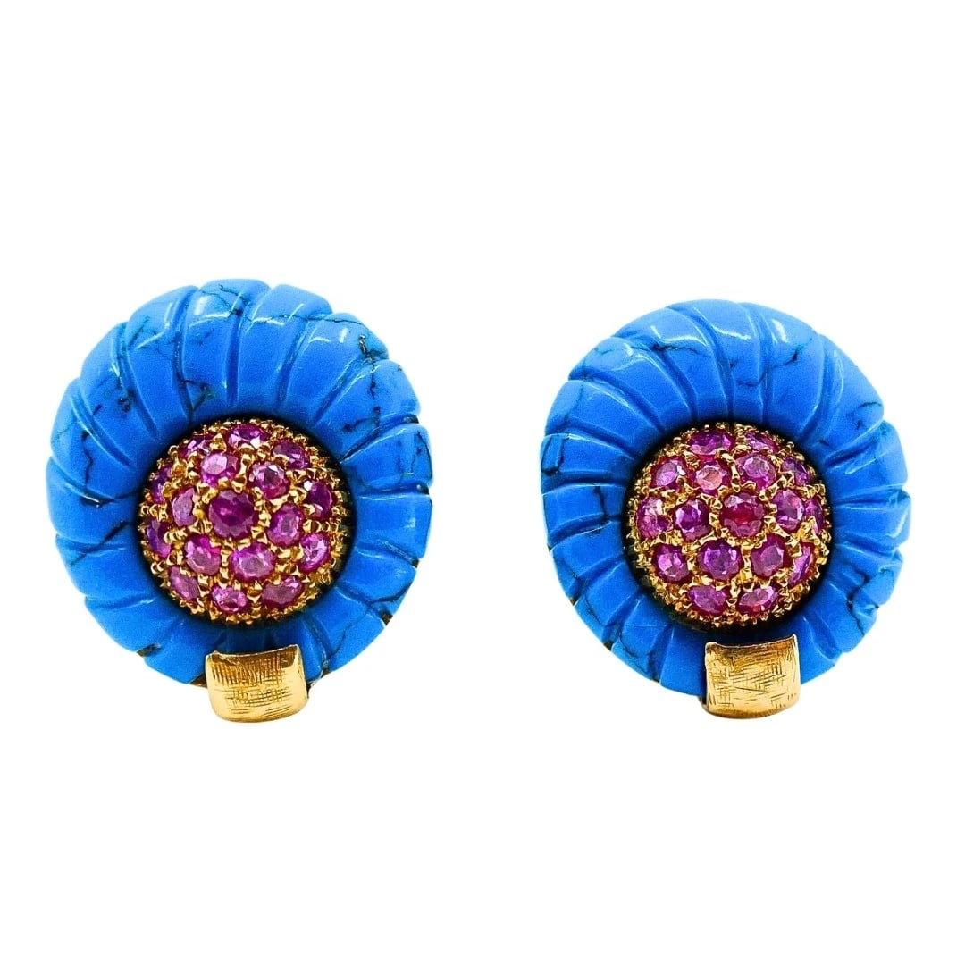 Vintage 18k Gold Carved Turquoise Pave Ruby Dome Stud Earrings - 3
