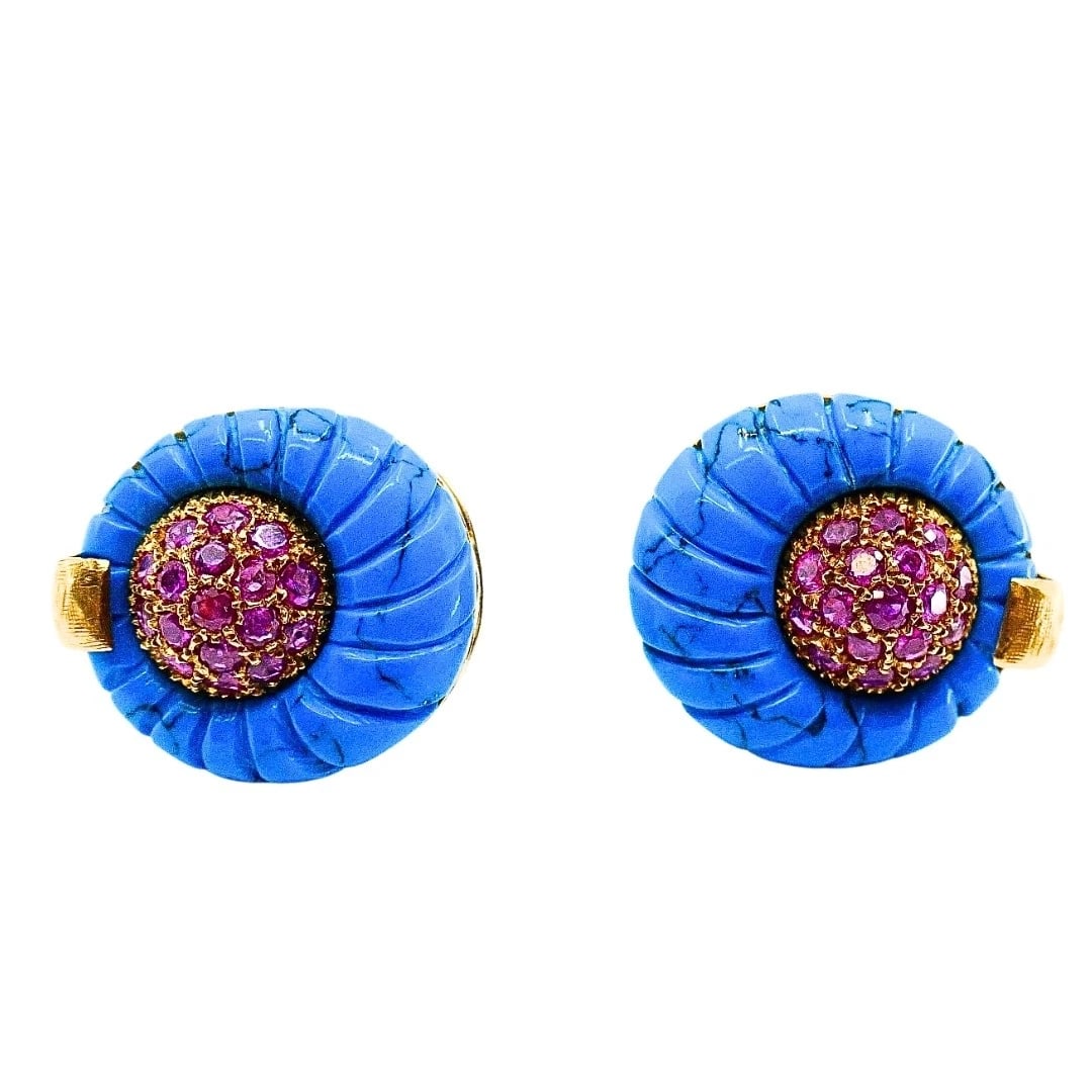 Vintage 18k Gold Carved Turquoise Pave Ruby Dome Stud Earrings - 7